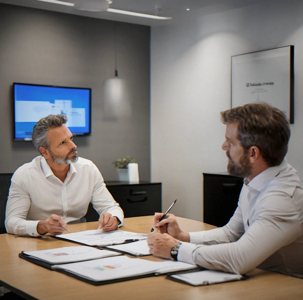 Executive sitting at conference table during positioning interview with Quietbrand strategist taking notes