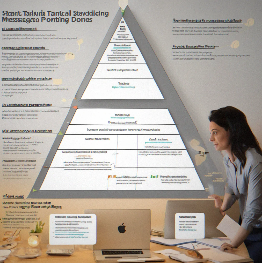 Pyramid diagram showing layered messaging structure from positioning statement down to tactical talking points
