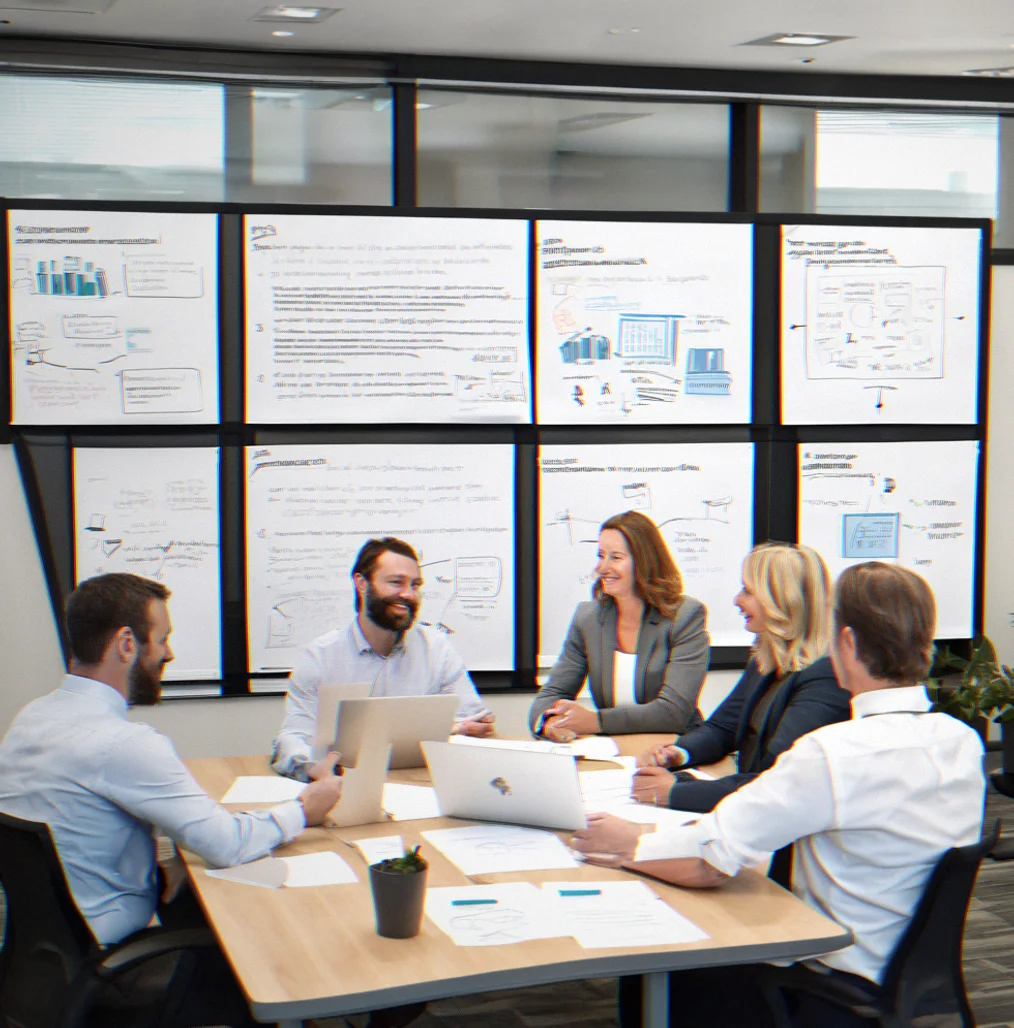 Stakeholder alignment workshop with four executives at a table and a positioning statement on a whiteboard