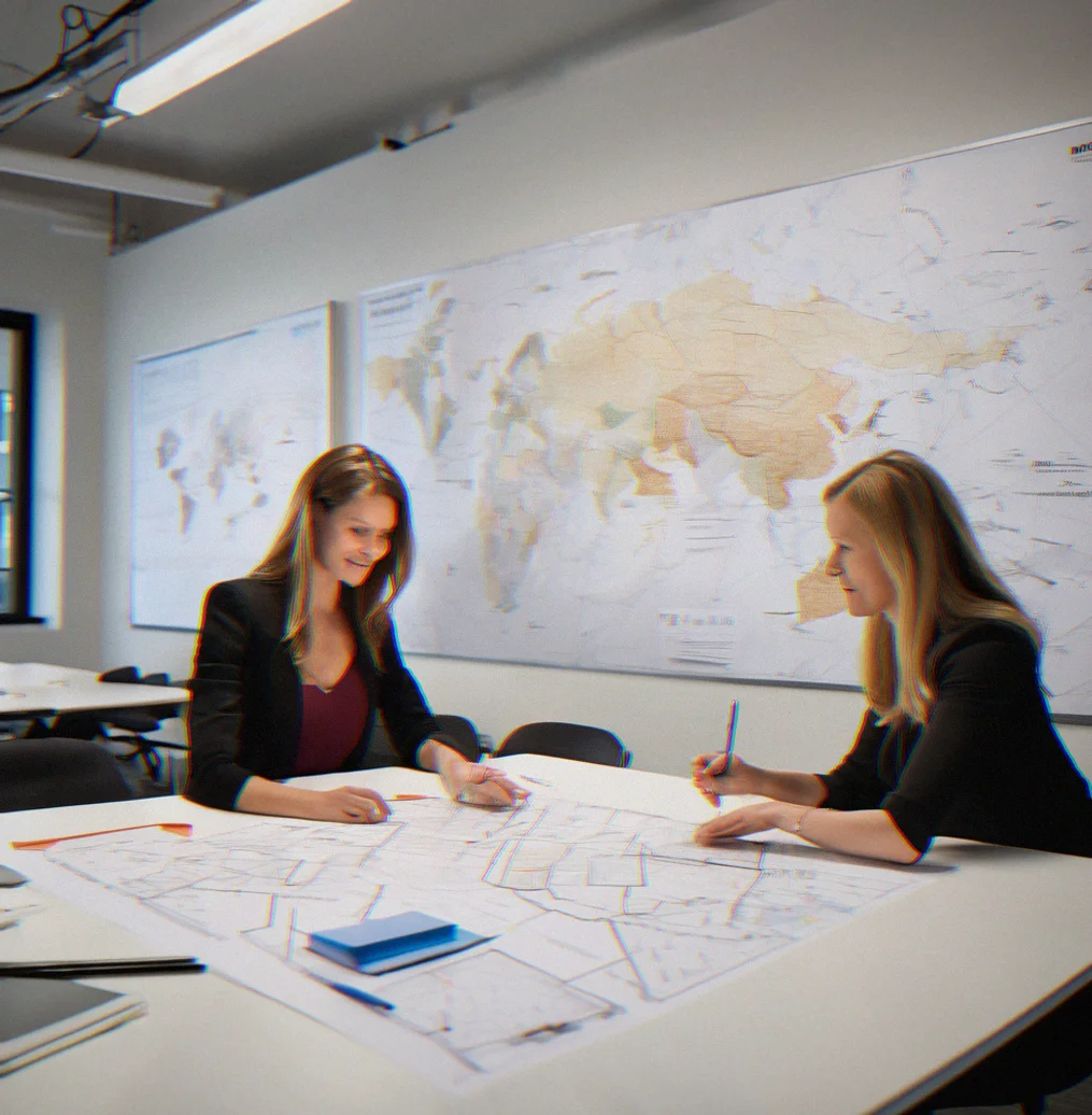 Two people looking at a positioning map together, working through how competitors stack up
