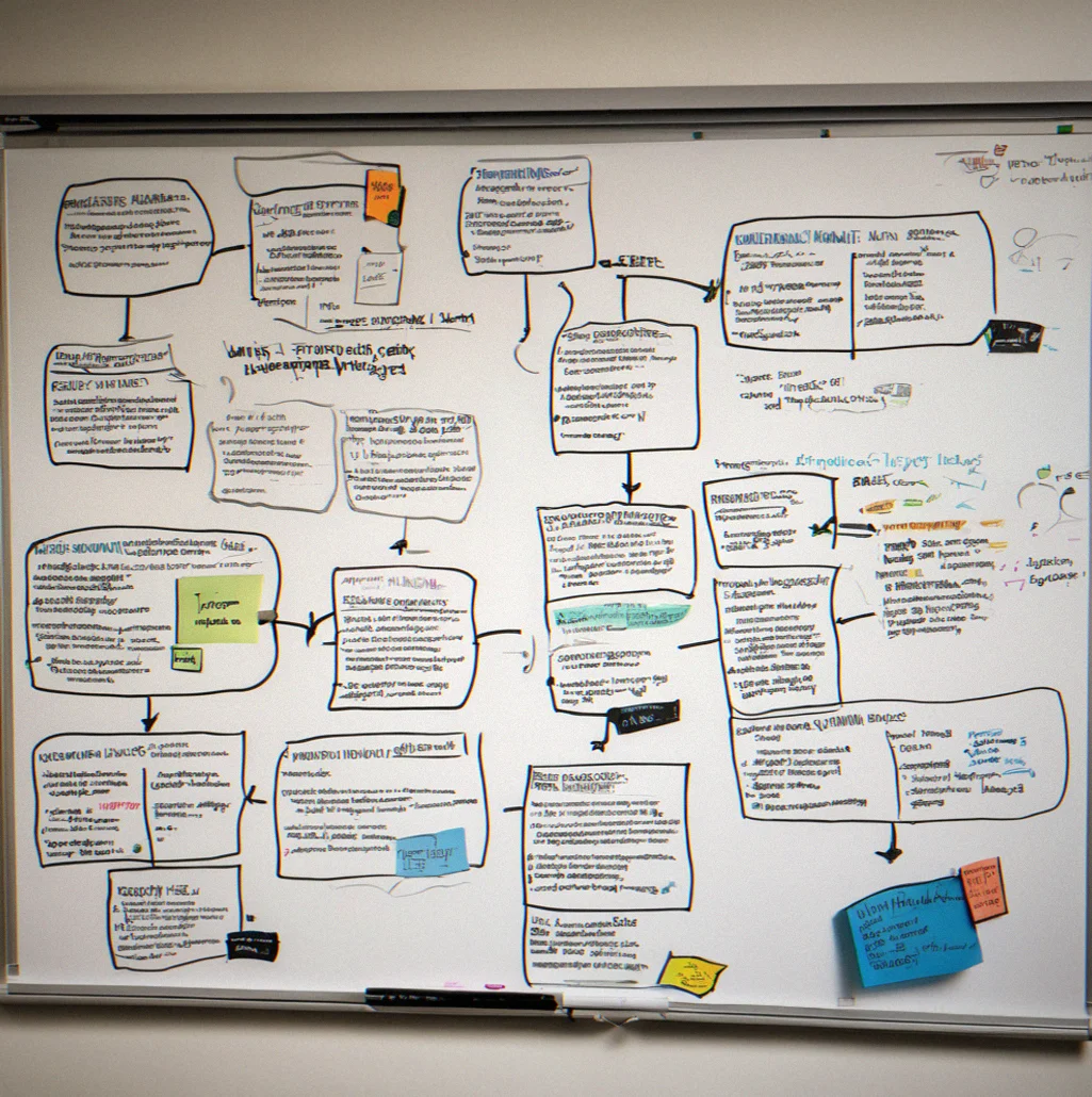 Whiteboard with messaging hierarchy framework breaking down positioning statement, value props and proof points