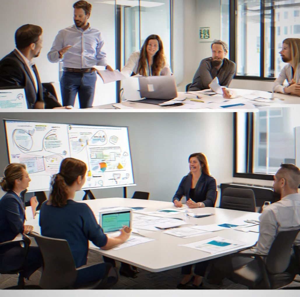 Mid-market SaaS team in boardroom discussing competitive positioning strategy